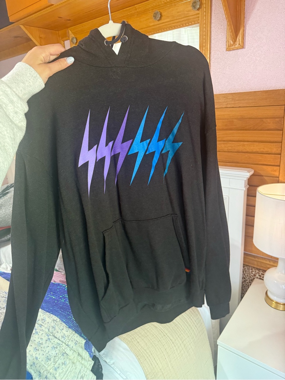 Aviator Nation Black Hoodie with Purple-to-Blue Lightning Bolts Unisex
